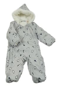 Světlešedá šusťáková zimní kombinéza s tučňáčky a kapucí s kožešinou a bambulí H&M