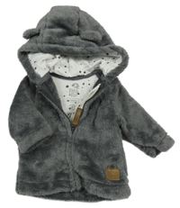 Tmavosivá plyšová bunda s medvedíkom a kapucňou s uškami F&F