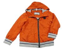 Tmavooranžový šusťákový jarní bomber s nášivkou a pruhmi a kapucňou Topolino