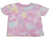 Růžovo-azurovo-žluto-fialové batikované melírované triko s hvězdičkami St. Bernard