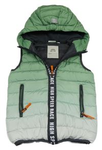 Zeleno-bílá ombré prošívaná šusťáková zateplená vesta s nápisy a kapucí Kids