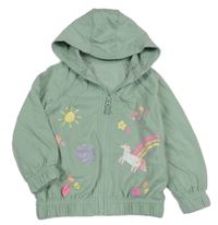 Olivová propínací mikina s jednorožcem a sluníčkem a kapucí St. Bernard