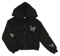 Čierna prepínaci crop mikina s motýly a kapucňou Shein