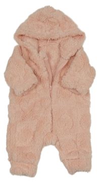 Ružová chlpatá kombinéza so srdiečkami a kapucňou Shein