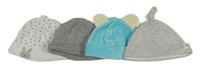 4x čepice - bílá bavlněná s králíky + světlemodrá sametová s oušky + světlešedá žebrovaná + šedá žebrovaná
