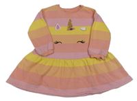 Růžovo-oranžovo-žluté pruhované teplákové šaty s jednorožcem s flitry F&F