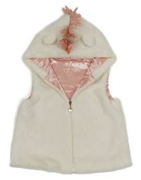 Biela kožušinová podšitá vesta s kapucí - jednorožec