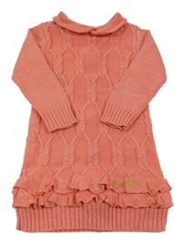 Korálové třpytivé svetrové šaty s volánky a límečkem