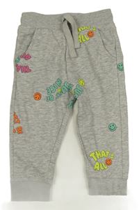 Sivé melírované tepláky so smajlíkmi a nápismi George