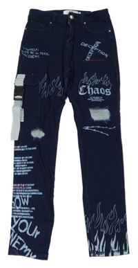 Tmavomodré skinny rifle s nápismi a vyšúchaním