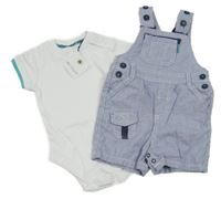 Nové - 2set - Tmavomodro-bílé pruhované plátěné laclové kraťasy + bílé body M&S