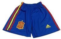 Modré sportovní kraťasy s červeno-žlutými pruhy a logem Adidas