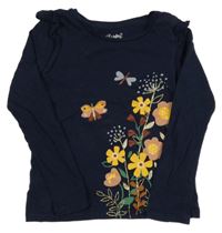 Tmavomodré triko s květinami a volánky C&A