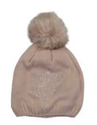 Růžová čepice s vločkou a bambulí 