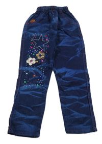 Tmavomodré vzorované džegíny s 3D kvety a kamienkami
