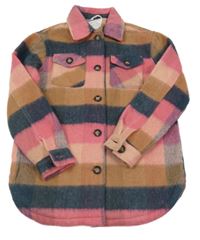 Béžovo-tmavomodro-růžová flaušová košilová bunda Primark