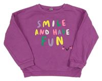 Fialová mikina s nápisom a smajlíkom Tu