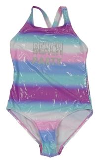 Modro-fialovo-růžové pruhované třpytivé jednodílné plavky s nápisem 