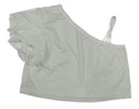 Biele crop tričko s volánikom a odhaleným ramenem