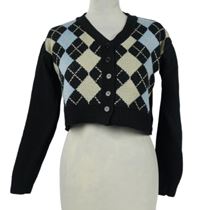 Dámský černo-šedo-béžový károvaný crop propínací svetr Shein 
