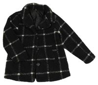 Čierny kockovaný huňatý podšitý kabát