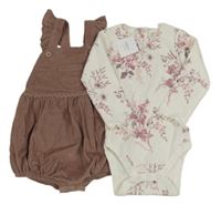 Nové - 2set - Hnědé manšestrové laclové kraťasy + body Next