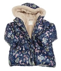 Tmavomodrá květovaná šusťáková zimní bunda se zvířaty a kapucí Next