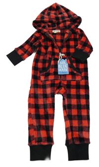 Nové - Červeno-černá kostkovaná chlupatá kombinéza s kapucí 