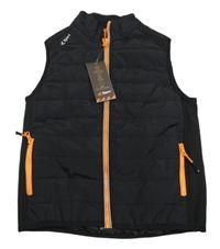 Nové - Černá šusťáková prošívaná zateplená vesta s oranžovými zipy 