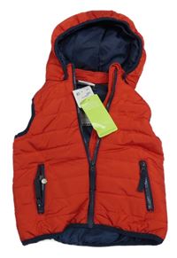 Nové - Červeno-tmavomodrá šusťáková prošívaná zateplená vesta s odepínací kapucí Topomini