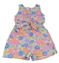 Bílý bavlněný kraťasový květovaný overal s průstřihem