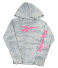 Světlemodro-biela batikovaná mikina s vreckom a logom a kapucňou zn. Reebok