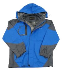 Cobaltovoě modro-tmavosivá šušťáková jarná bunda s nápismi a odopínacíá kapucňou