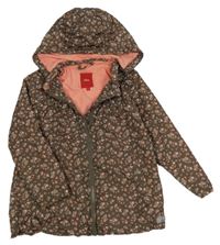 Hnedý šušťákový jarný balonový kabát s kvietkami a odopínacíá kapucňou S. Oliver