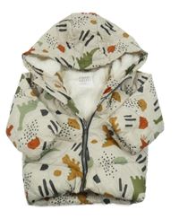 Světlešedo-smetanová prošívaná šusťáková zimní bunda s dinosaury a kapucí F&F