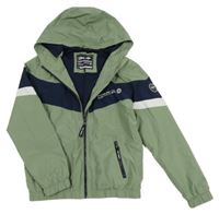 Olivovo-tmavomodro-bílá kostkovaná šusťáková jarní bunda s nápisy a kapucí C&A