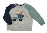 Sivo-tmavomodro-olivová melírovaná mikina s nákladním autom a nářadím Liegelind