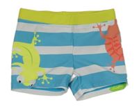 Azurovo-bílo-limetkové pruhované nohavičkové plavky s chameleony PUSBLU