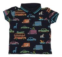 Tmavomodré polo tričko s autami a autobusmi a zvieratkami Bluezoo