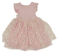 Světlerůžové žebrované šaty s tylem s květy a volánky F&F