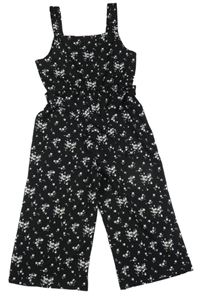 Čierny vzorovaný nohavicový culottes overal s kvietkami a zavazováním LC WaIKIKI