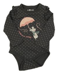 Tmavosivé body s myškou a kapičkami a volánikmi so cute