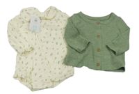 Nové - 2set - Smotanové mušelínové body s listami a límečkem + zelený melírovaný úpletový propínací kabátek Primark