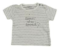 Bielo-sivé pruhované tričko s bodkami a nápisom Staccato