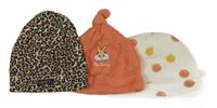 3x bavlněná čepice - hnědo-černá s leopardím vzorem + smetanová s jablky + korálová s Thumperem
