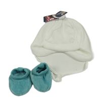 2set - Bílá sametová čepice + zelené sametové capáčky