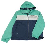 Zeleno-tmavomodro-biela šušťáková jarná bunda s nápisom a kapucňou Y.F.K.