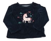 Tmavomodré zamatové tričko s jednorožcom Vertbaudet