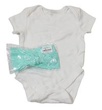 2set - Biele body + tyrkysová čelenka s mašlou