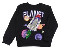 Čierna mikina s raketou z překlápěcích flitrů a planetami H&M